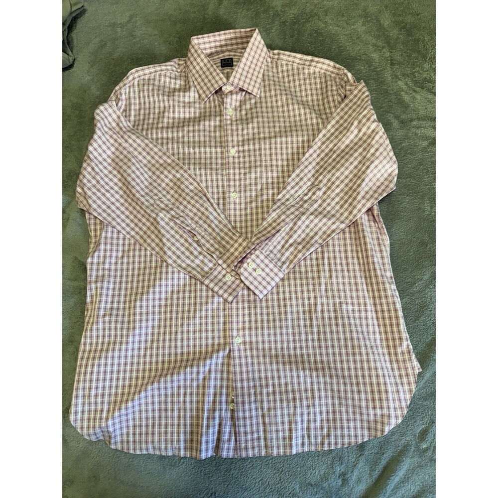 Ike Behar Dress Shirt Mens 16.5/34  100 % Cotton Pink White Check